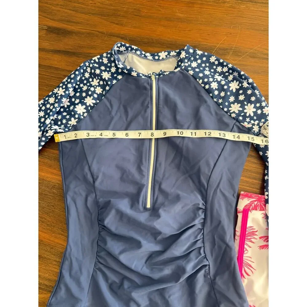 Girls Rash Guard Swimsuit Set 13-14Y Navy Floral Long Sleeve Pink Palm Shorts
